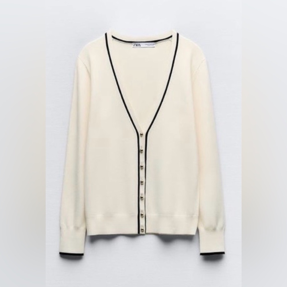 NWOT Zara ivory V-Neck gold Button Cardigan preppy classic minimalist career L